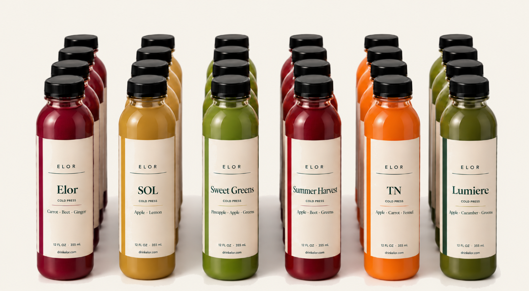 Elor cold-pressed juice lineup - Elor, SOL, Sweet Greens, Summer Harvest, TN, Lumière - Nashville Tennessee